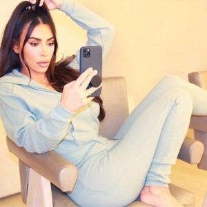 Skims Zip Up Cropped Brushed Waffle Casual Hoodie In Mineral Green Size 2X